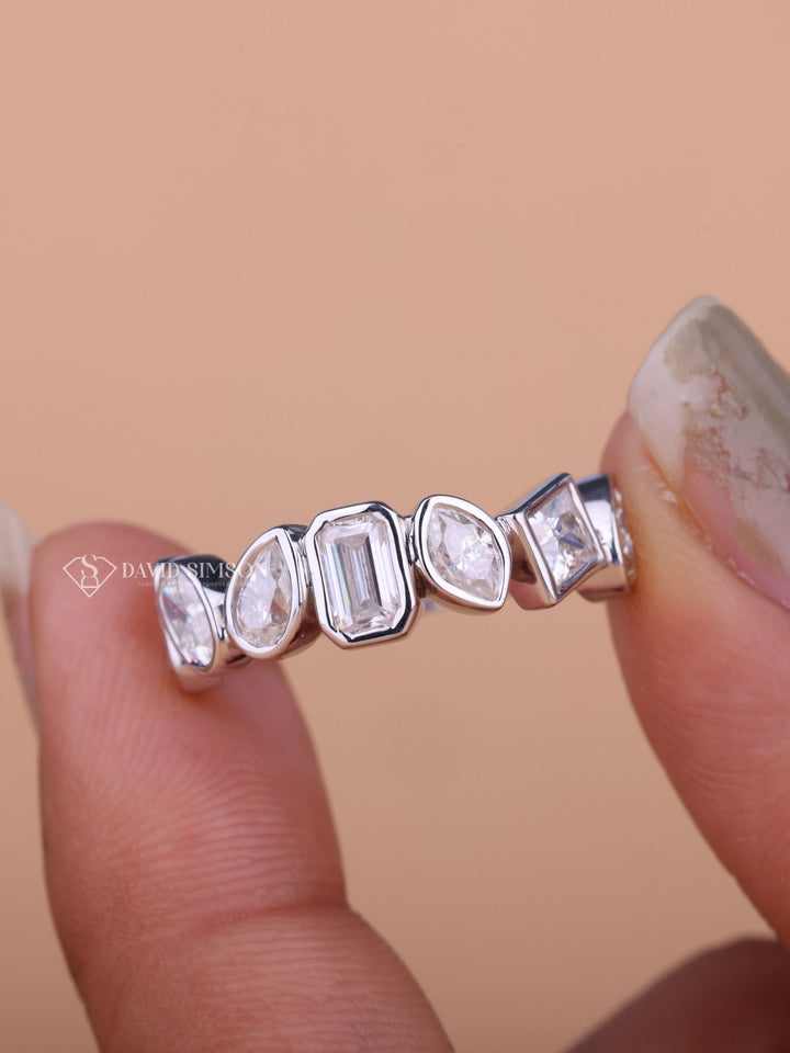 Mix Shape Moissanite Bezel Set Diamond Wedding Band for Women