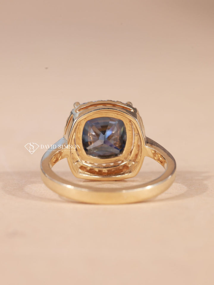 2.0CT-3.0CT Blue Cushion Cut Moissanite Diamond Halo Engagement Ring