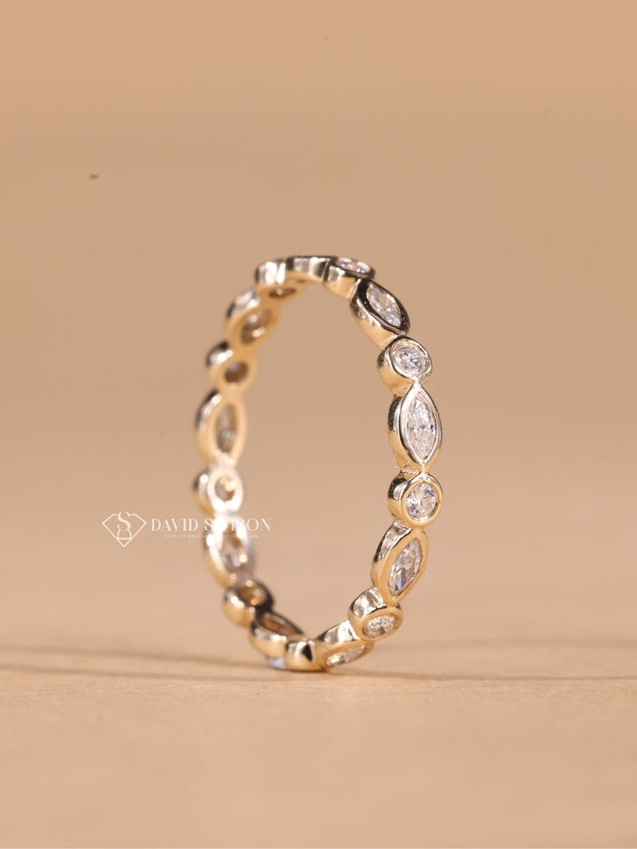 Round & Marquise Cut Moissanite Diamond Bezel Set Eternity Wedding Band