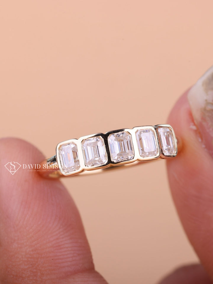 Bezel Set Emerald Cut Moissanite Diamond Five Stone Wedding Band