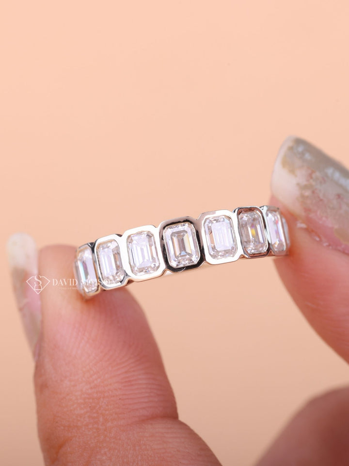 Emerald Cut Moissanite Bezel Set Diamond Wedding Band