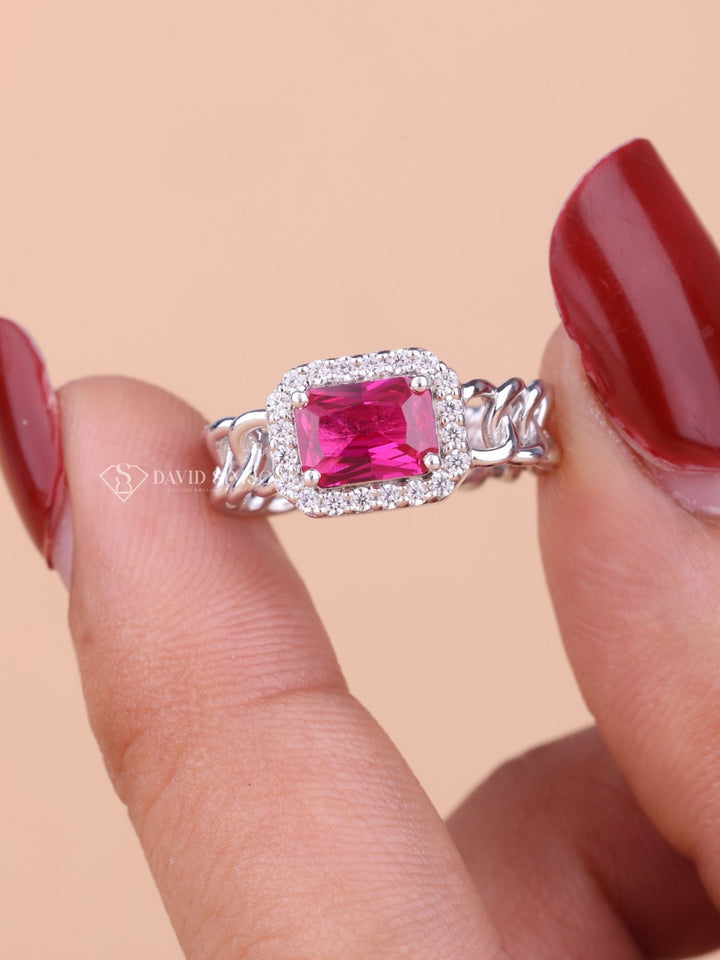 1.50CT-2.50CT East West Pink Radiant Cut Moissanite Diamond Halo Engagement Ring
