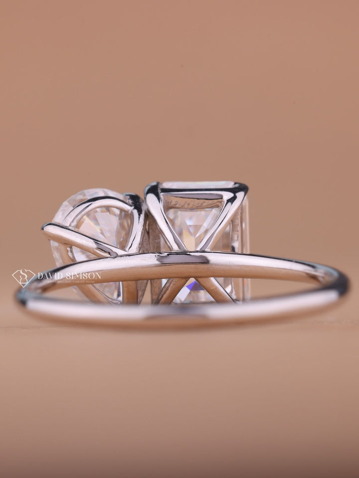 1.50CT Emerald & 1.0CT Pear Cut Moissanite Two Stone Diamond Engagement Ring