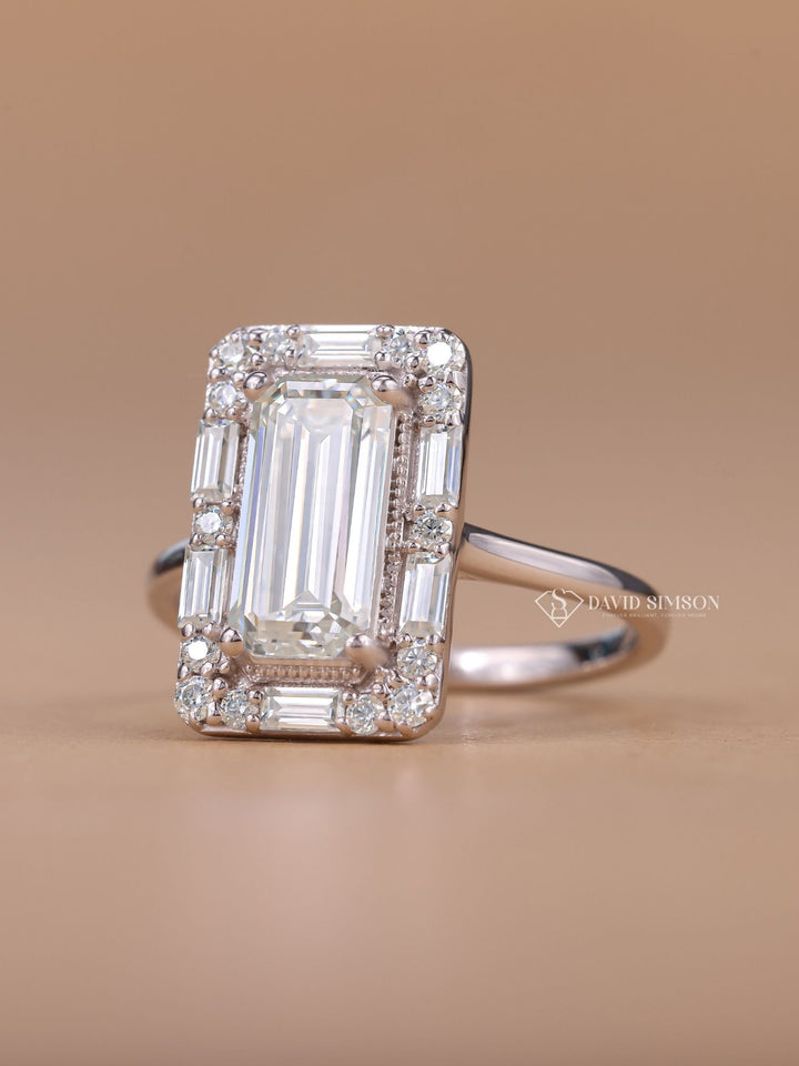 1.60CT Elongated Emerald Cut Moissanite Halo Cluster Diamond Engagement Ring