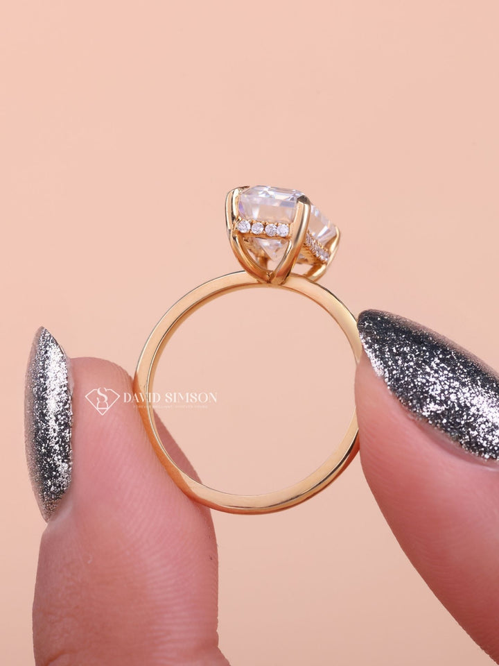 3.0CT-4.0CT Emerald Cut Moissanite Hidden Halo & Solitaire Diamond Engagement Ring