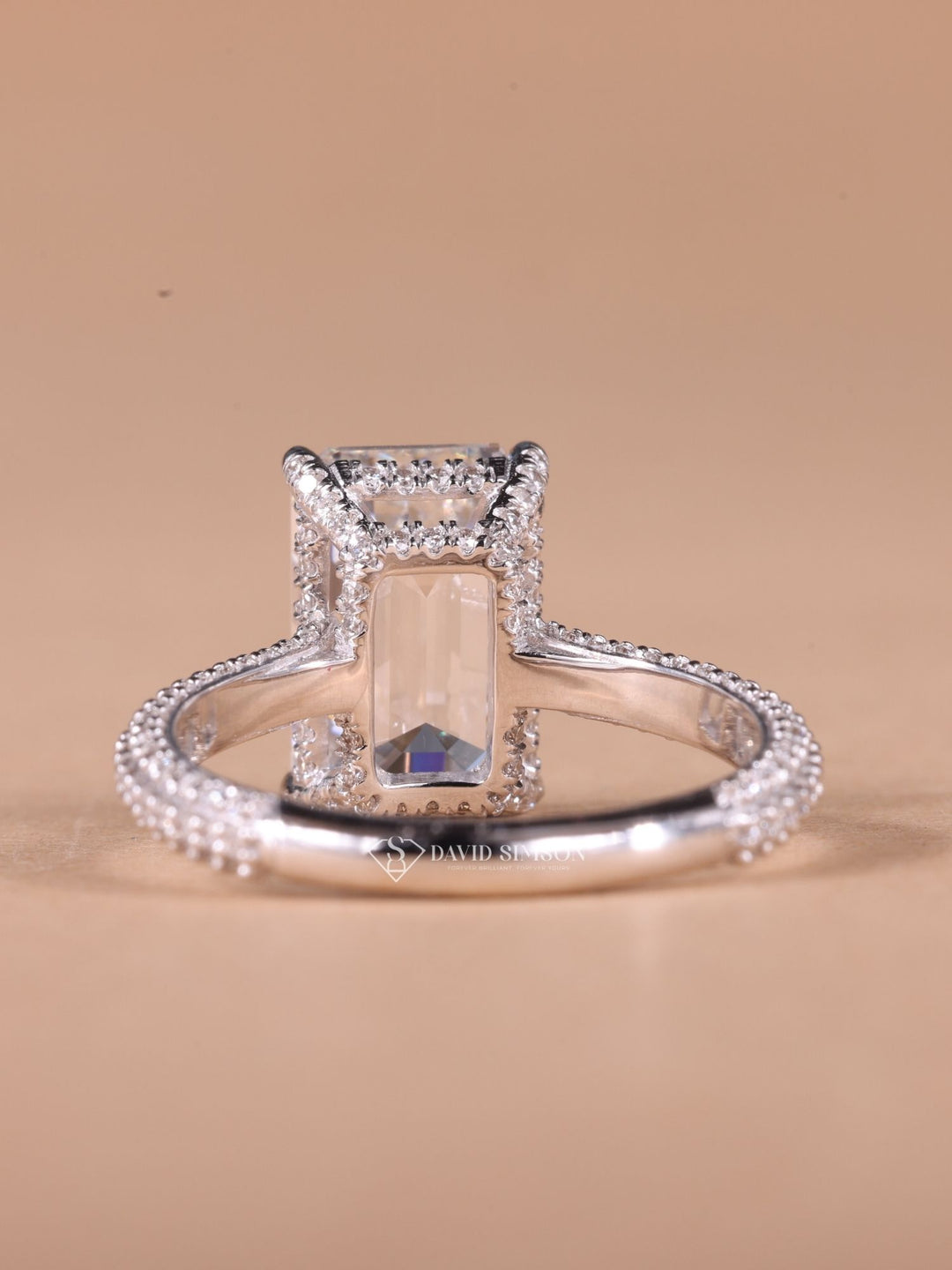 4.0CT-6.0CT Emerald Cut Moissanite Hidden Halo Diamond Pave Engagement Ring