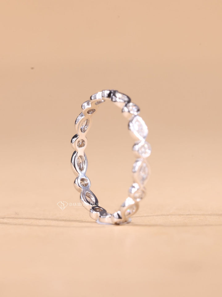 Round & Marquise Cut Moissanite Diamond Bezel Set Eternity Wedding Band