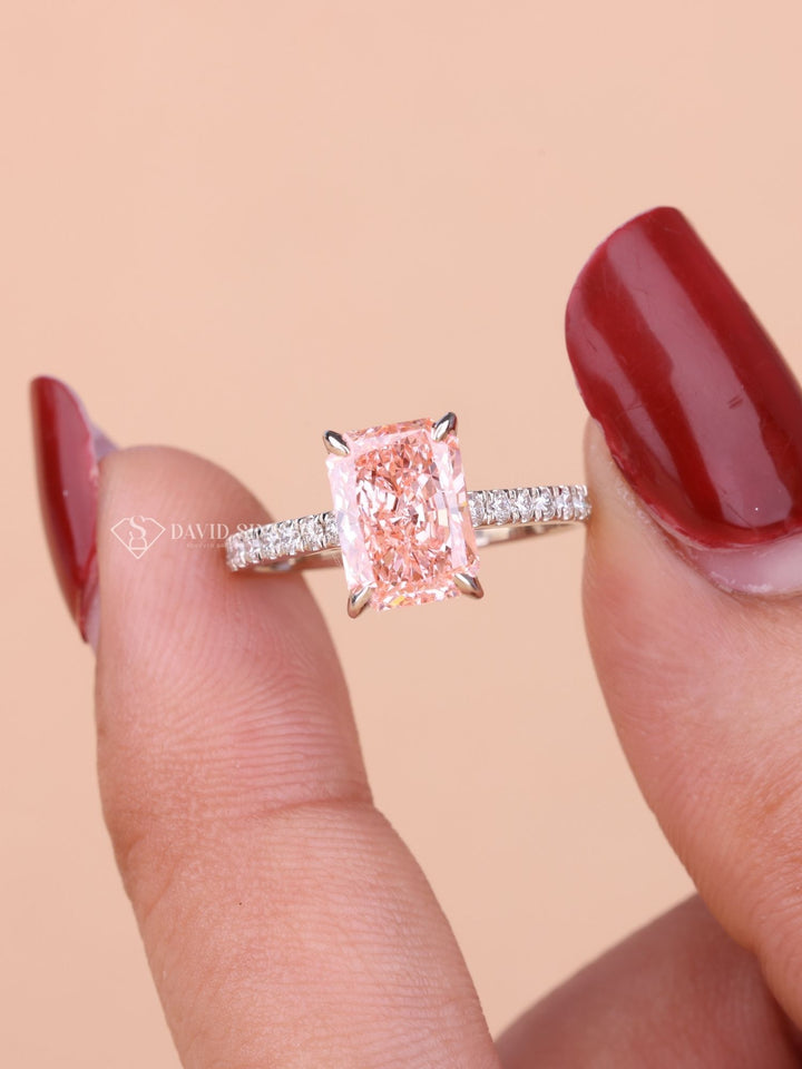 2.0CT-3.0CT Pink Radiant Cut Lab Grown Diamond Hidden Halo Engagement Ring