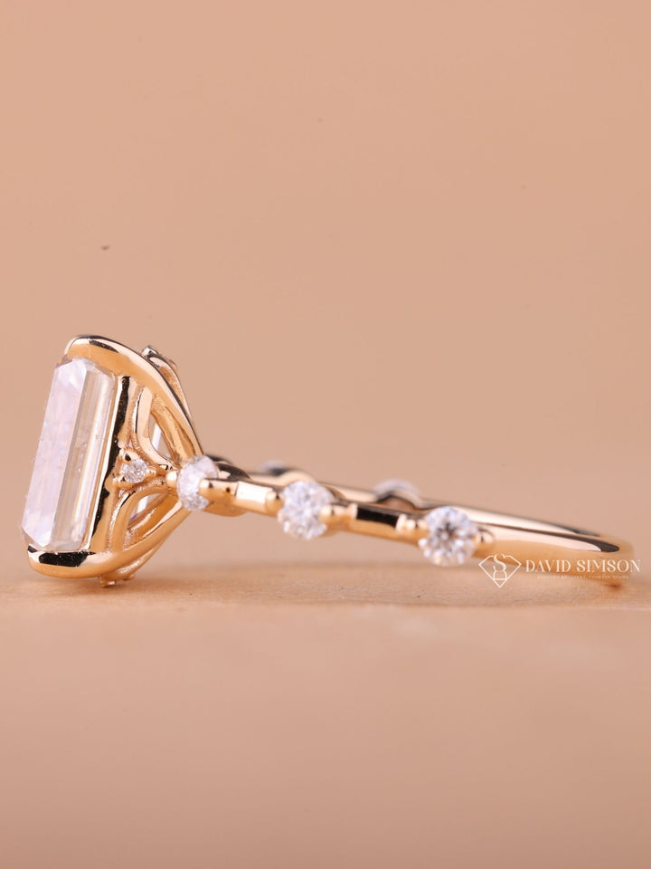 3.0CT-5.0CT Emerald Cut Moissanite Diamond Distance Pave Engagement Ring