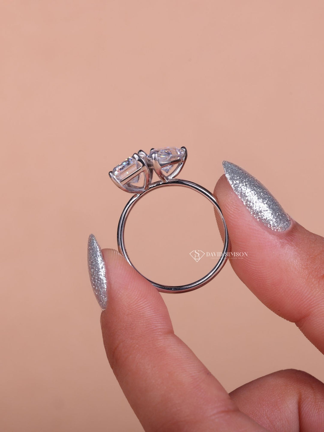 1.50CT Emerald & 1.0CT Pear Cut Moissanite Two Stone Diamond Engagement Ring