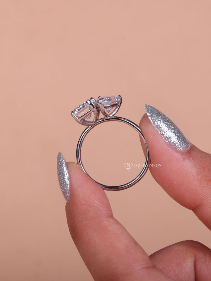 1.50CT Emerald & 1.0CT Pear Cut Moissanite Two Stone Diamond Engagement Ring