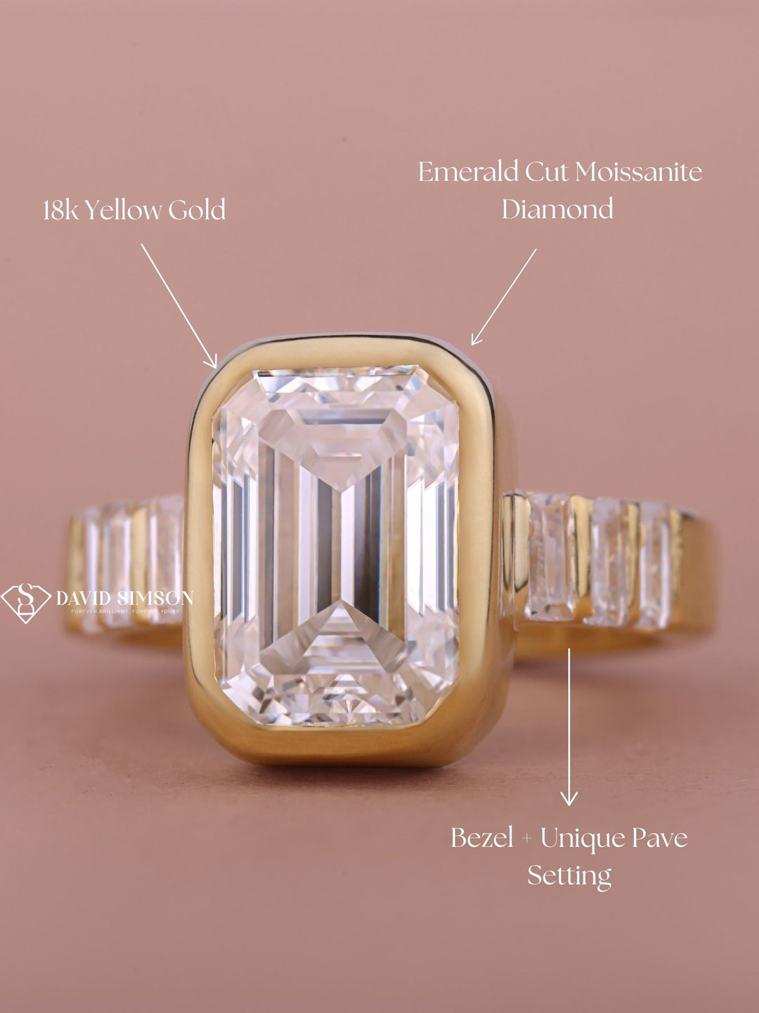 4.0CT-6.0CT Bezel Emerald Cut Moissanite Bar Set Pave  Diamond Engagement Ring