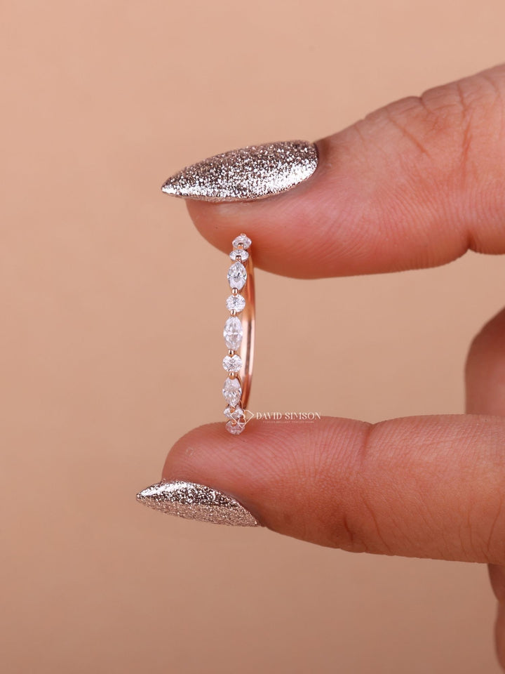 Round & Marquise Cut Moissanite Diamond Alternative Half Eternity Wedding Band