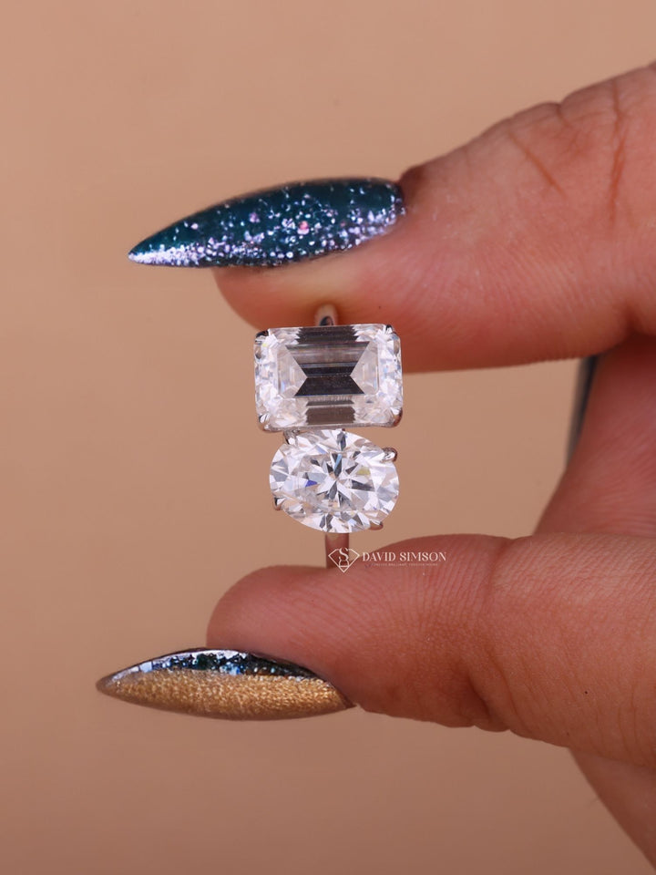 3.0CT Emerald & 2.0CT Oval Cut Moissanite Two Stone Diamond Engagement Ring
