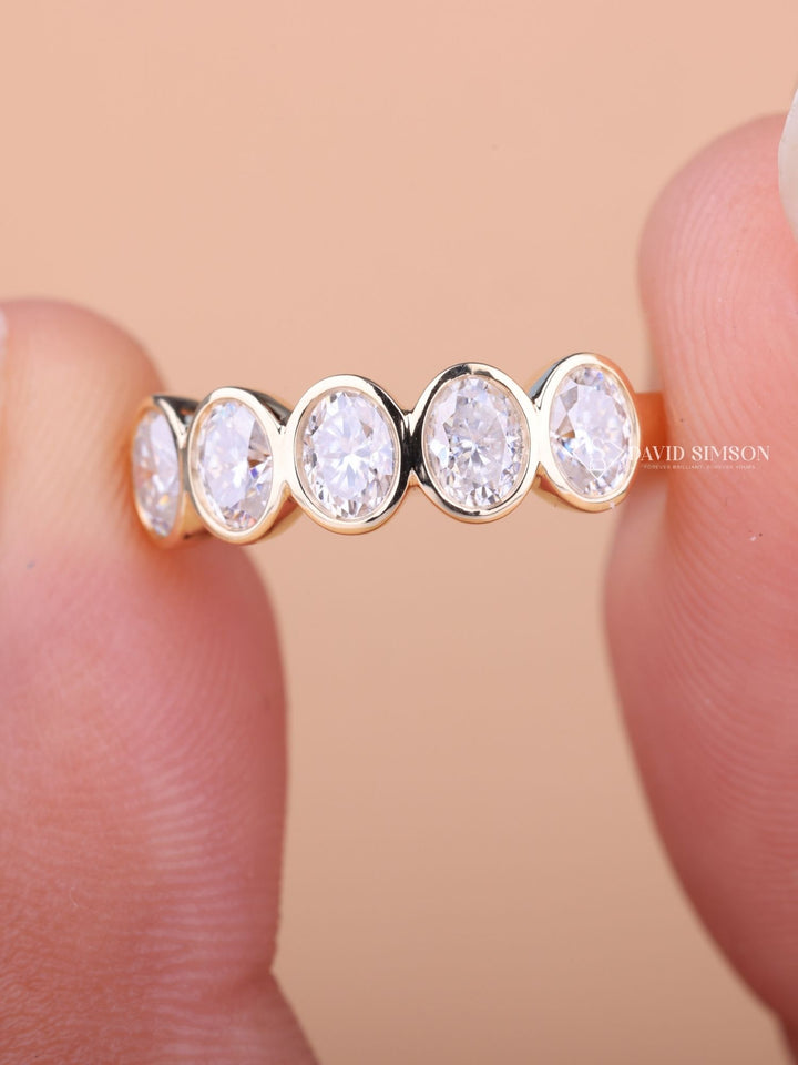 Oval Cut Moissanite Bezel Set Five Stone Diamond Wedding Band
