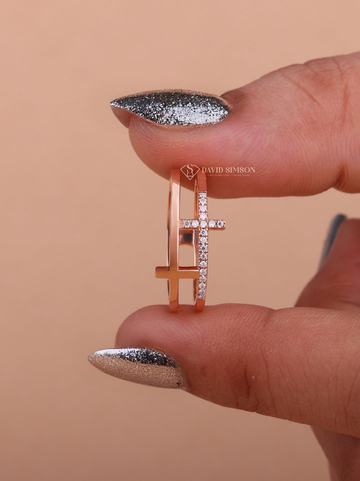 Round Cut Moissanite Diamond Cross Wedding Band in Solid Gold