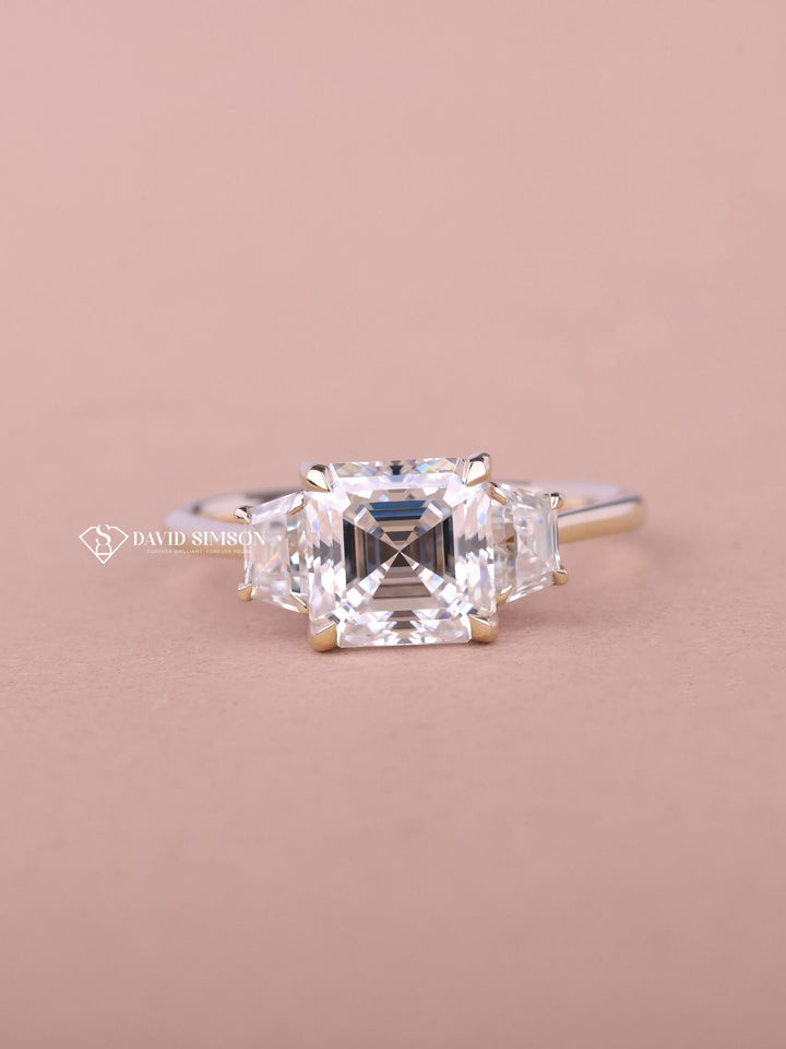 1.0CT-2.0CT Asscher Cut Three Stone Moissanite Diamond Engagement Ring