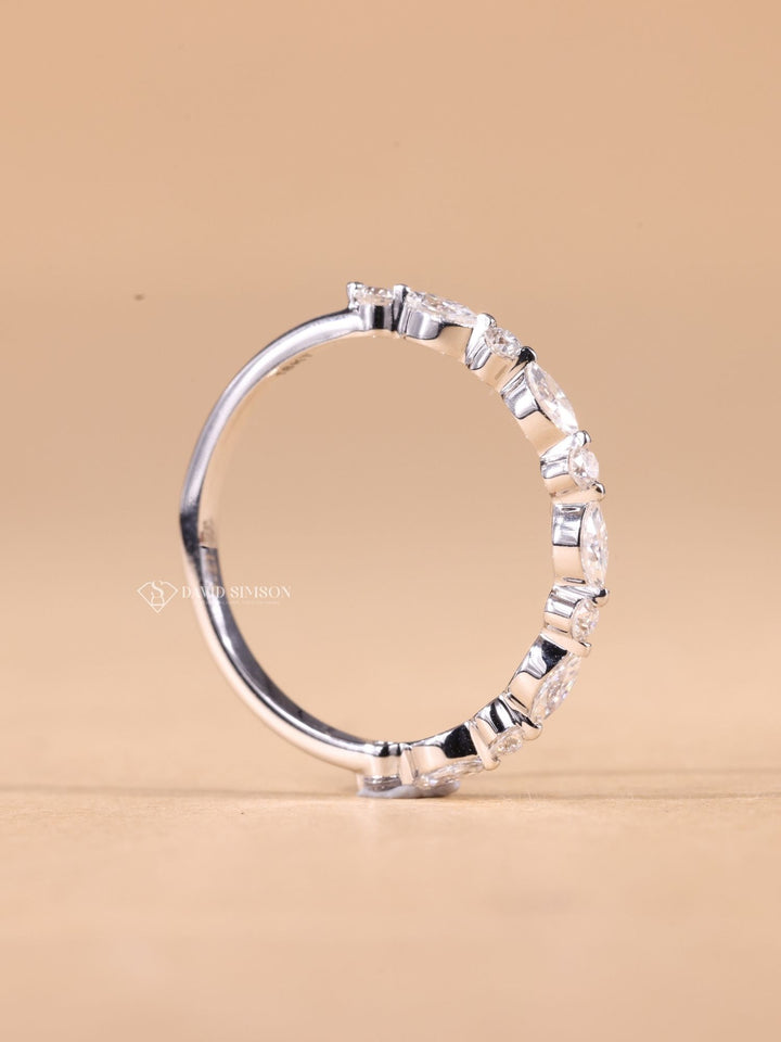 Round & Marquise Cut Moissanite Diamond Half Eternity Wedding Band