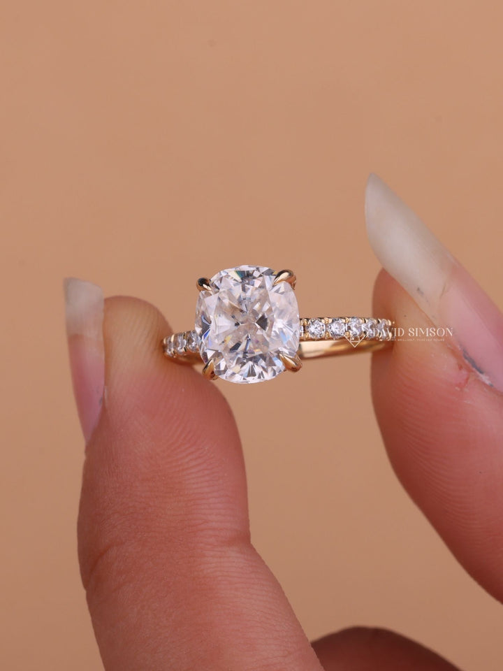 2.0CT-3.0CT Cushion Cut Moissanite Diamond Hidden Halo Engagement Ring