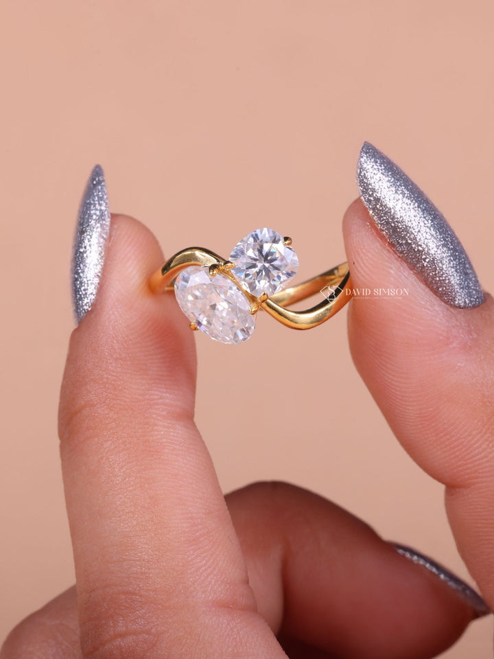1.50CT Oval & 1.0CT Cushion Cut Moissanite Toi et Moi Diamond Engagement Ring