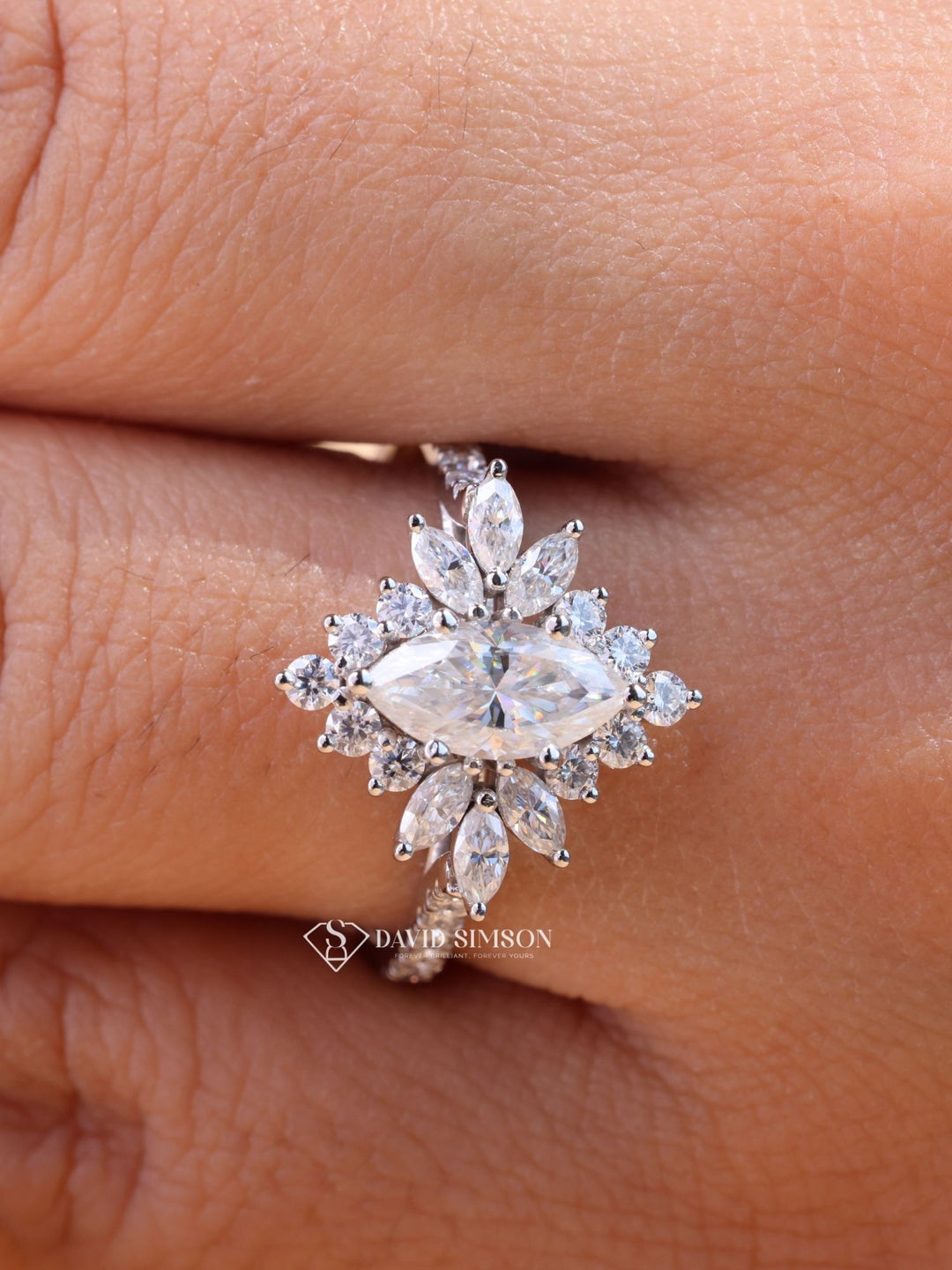 1.0CT-2.0CT Marquise Cut Moissanite Halo Cluster Engagement Ring