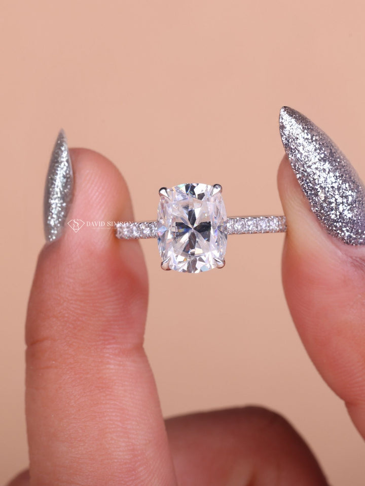 2.50CT-3.50CT Cushion Cut Moissanite Hidden Halo & Pave Diamond Engagement Ring