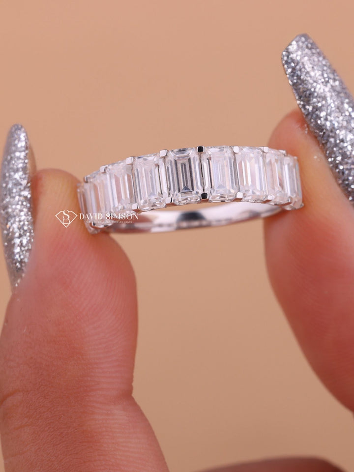 Emerald Cut Moissanite Diamond Half Eternity Wedding Band