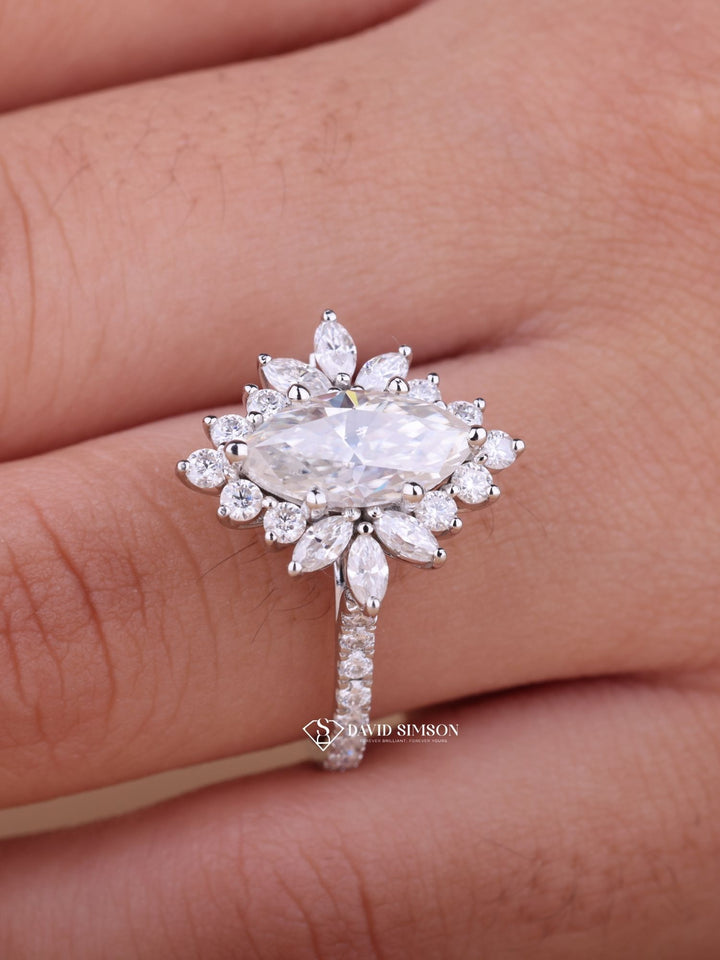 1.50CT-2.50CT Marquise Cut Moissanite Halo Cluster Diamond Engagement Ring