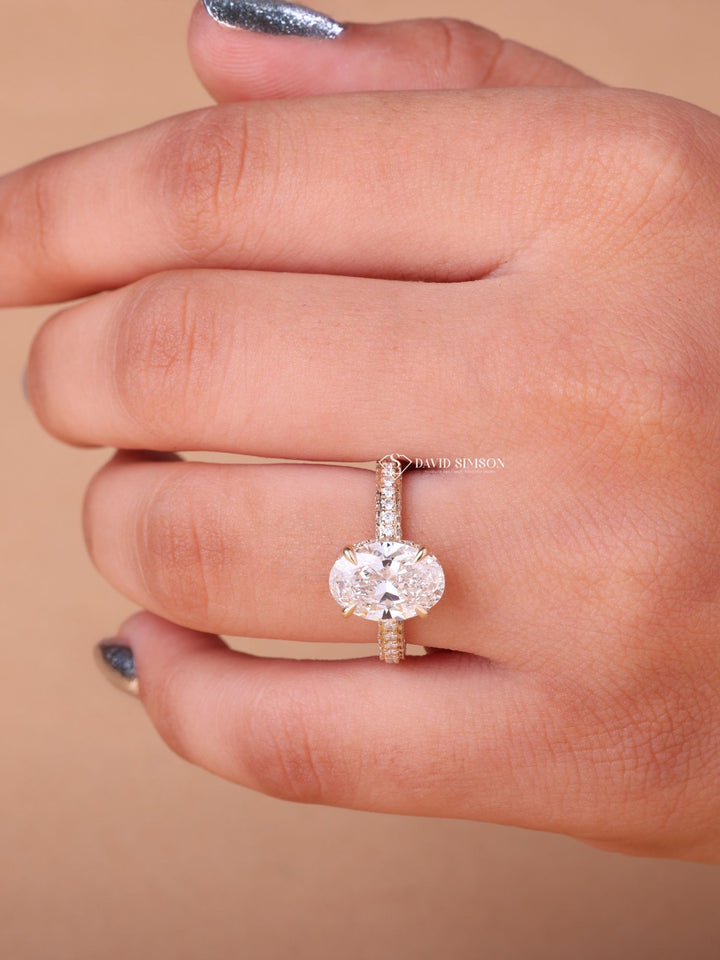 3.0CT-4.0CT Oval Cut Moissanite Diamond Hidden Halo & Pave Engagement Ring