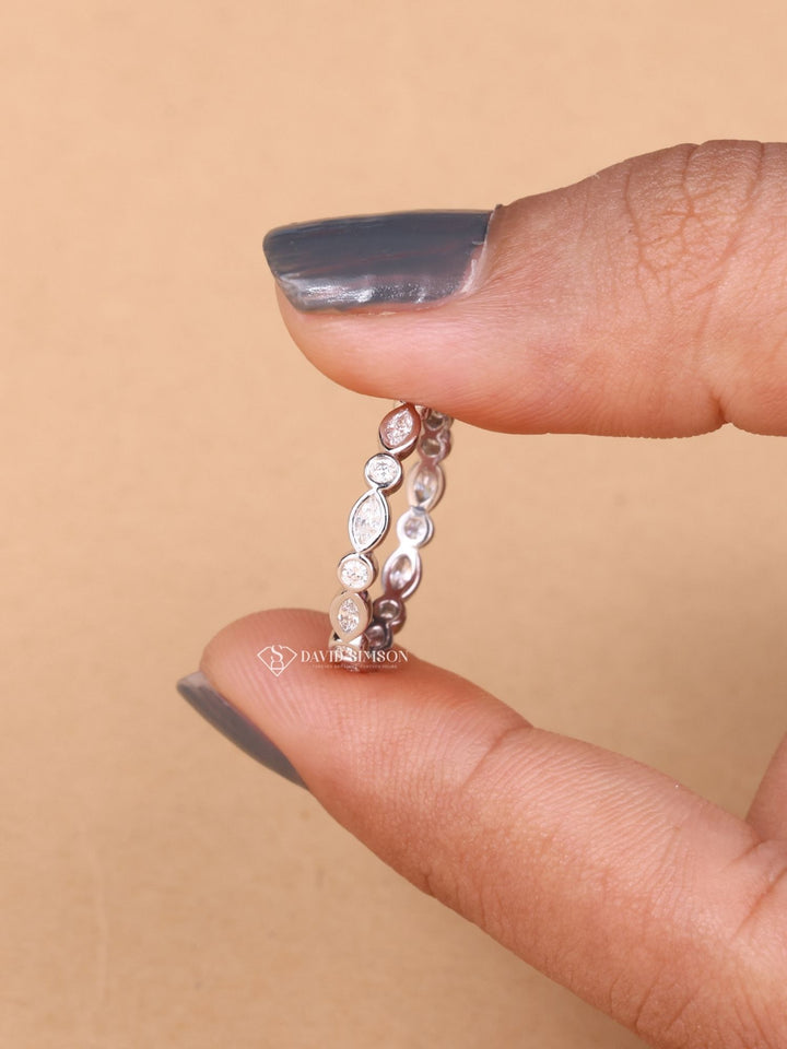 Round & Marquise Cut Moissanite Diamond Bezel Set Eternity Wedding Band