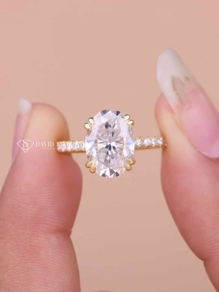 3.0CT-4.0CT Oval Cut Moissanite Hidden Halo & Pave Diamond Engagement Ring