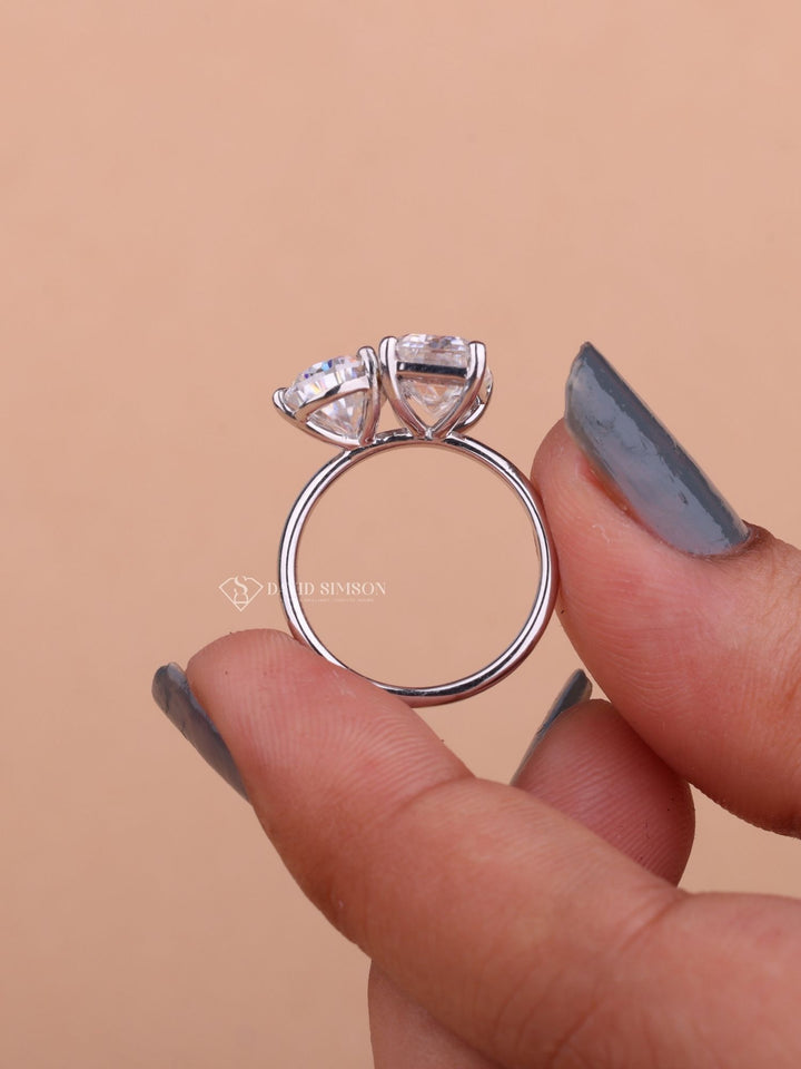 2.50CT Emerald & 2.0CT Pear Cut Moissanite Diamond Two Stone Engagement Ring