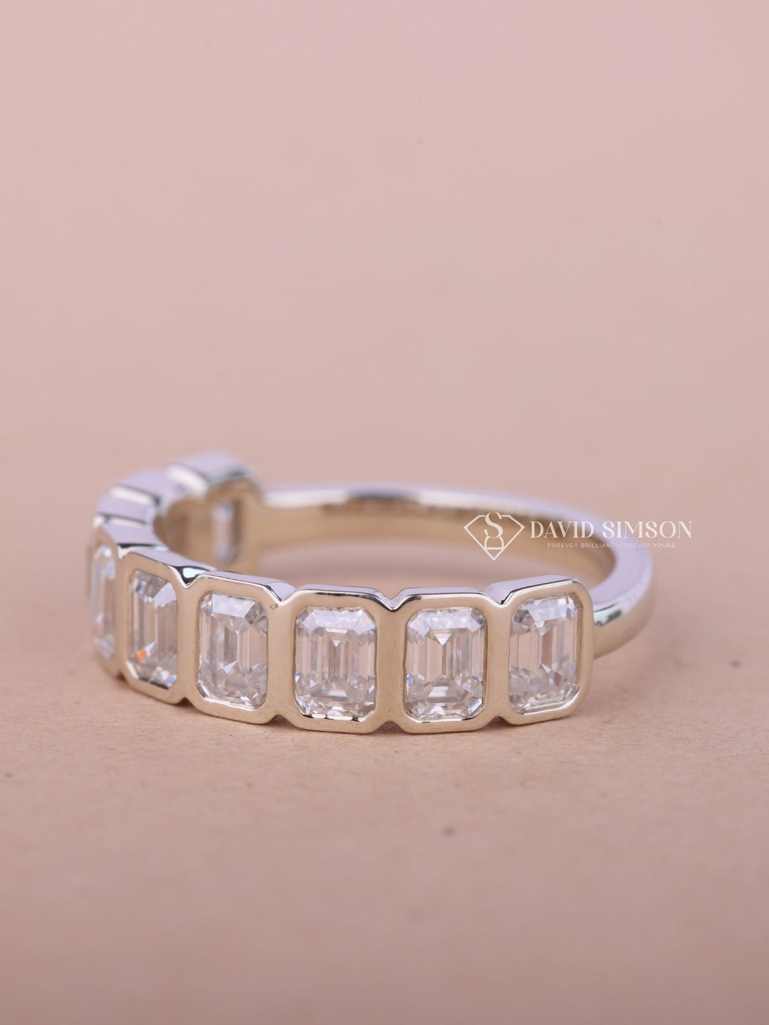 Emerald Cut Moissanite Bezel Set Diamond Wedding Band