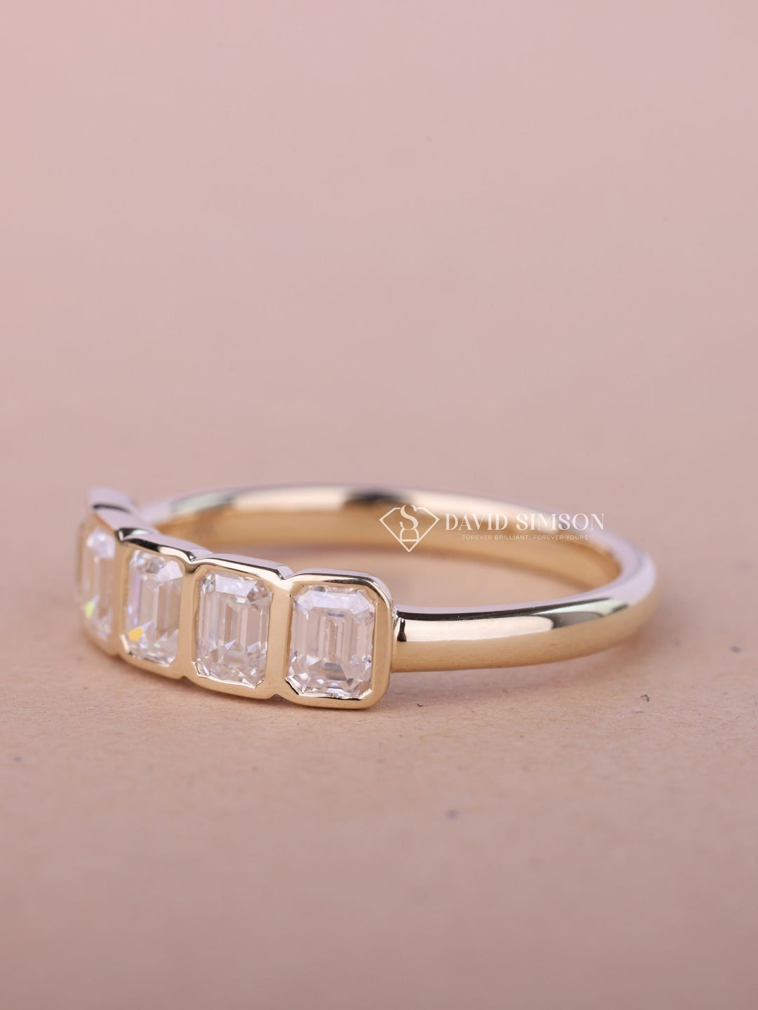 Bezel Set Emerald Cut Moissanite Diamond Five Stone Wedding Band