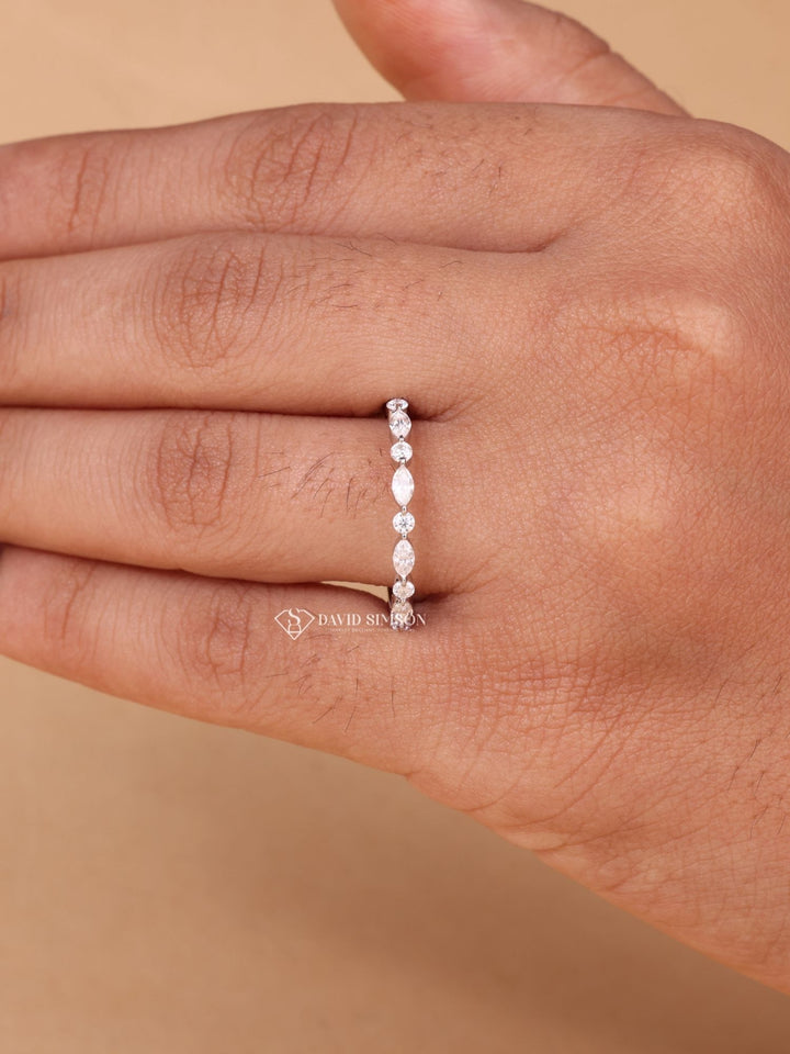 Round & Marquise Cut Moissanite Diamond Half Eternity Wedding Band