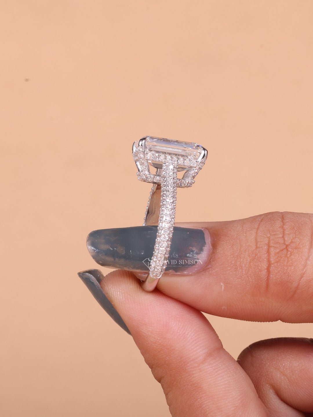 4.0CT-6.0CT Emerald Cut Moissanite Hidden Halo Diamond Pave Engagement Ring