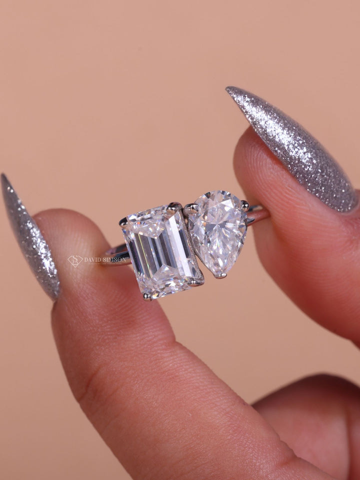 1.50CT Emerald & 1.0CT Pear Cut Moissanite Two Stone Diamond Engagement Ring