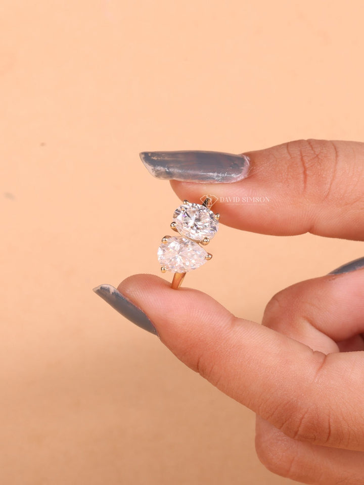 2.0CT Oval &amp; 2.0CT Pear Cut Moissanite Diamond Two Stone Engagement Ring
