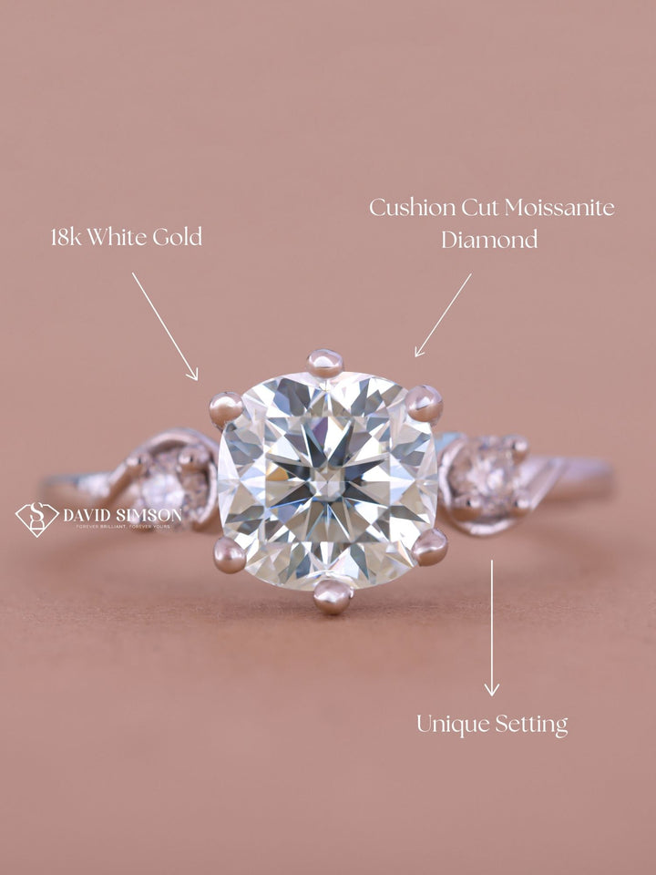 1.0CT-2.0CT Cushion Cut Moissanite Unique Three Stone Diamond Engagement Ring