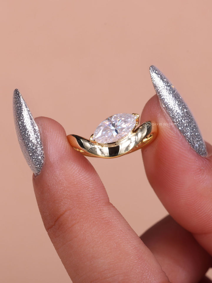 1.0CT-3.0CT East West Marquise Cut Moissanite Unique Diamond Engagement Ring