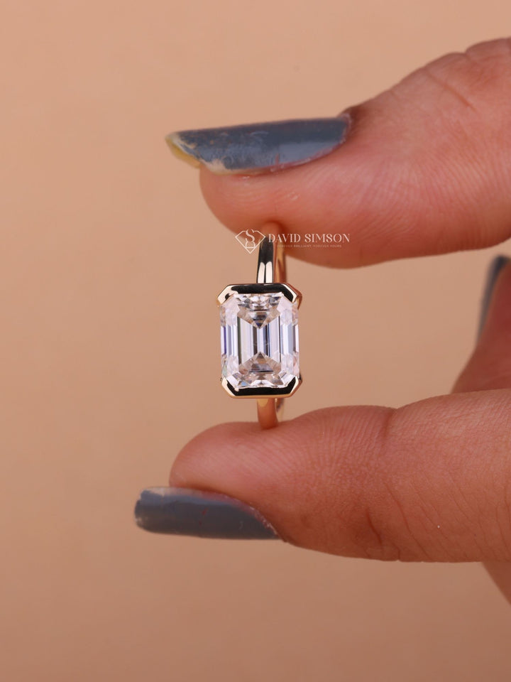 2.0CT-3.0CT East West Emerald Cut Moissanite Diamond Half Bezel Engagement Ring