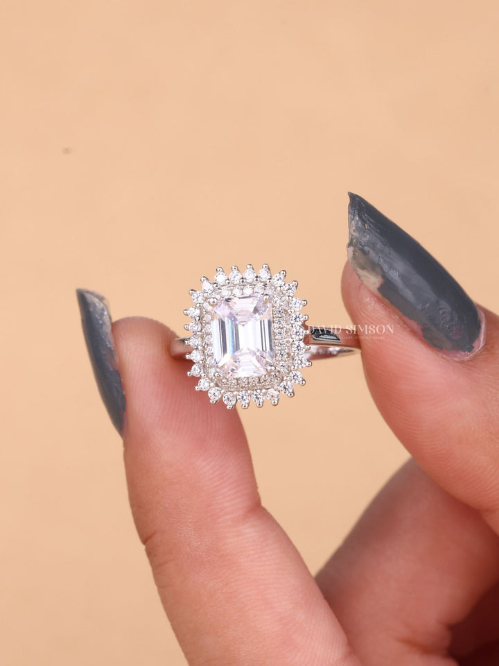 1.0CT-2.0CT Emerald Cut Moissanite Double Halo Diamond Engagement Ring