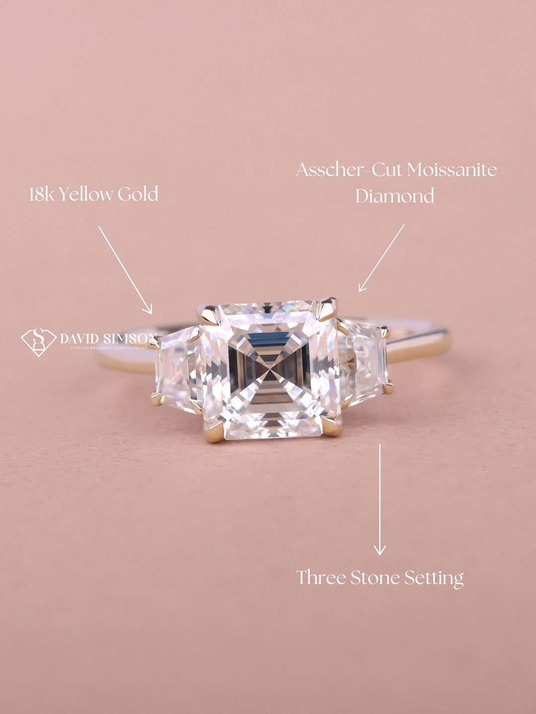 1.0CT-2.0CT Asscher Cut Three Stone Moissanite Diamond Engagement Ring