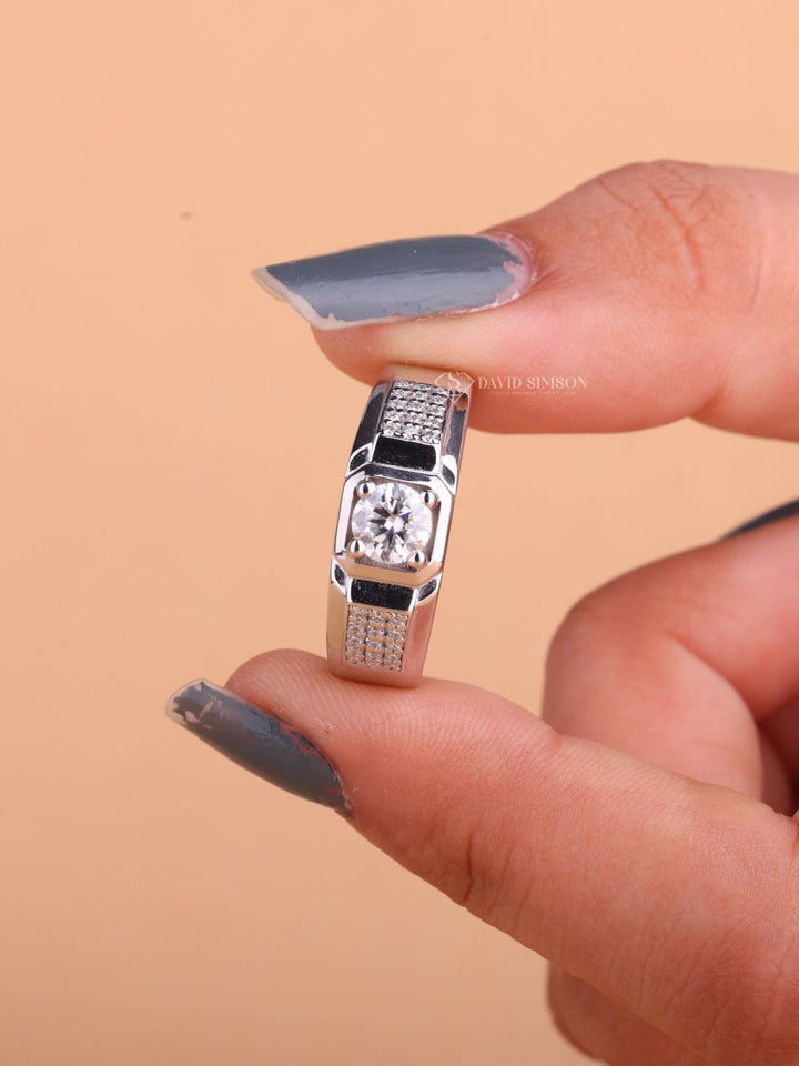 Round Cut Moissanite Diamond Pave Men's Wedding Ring