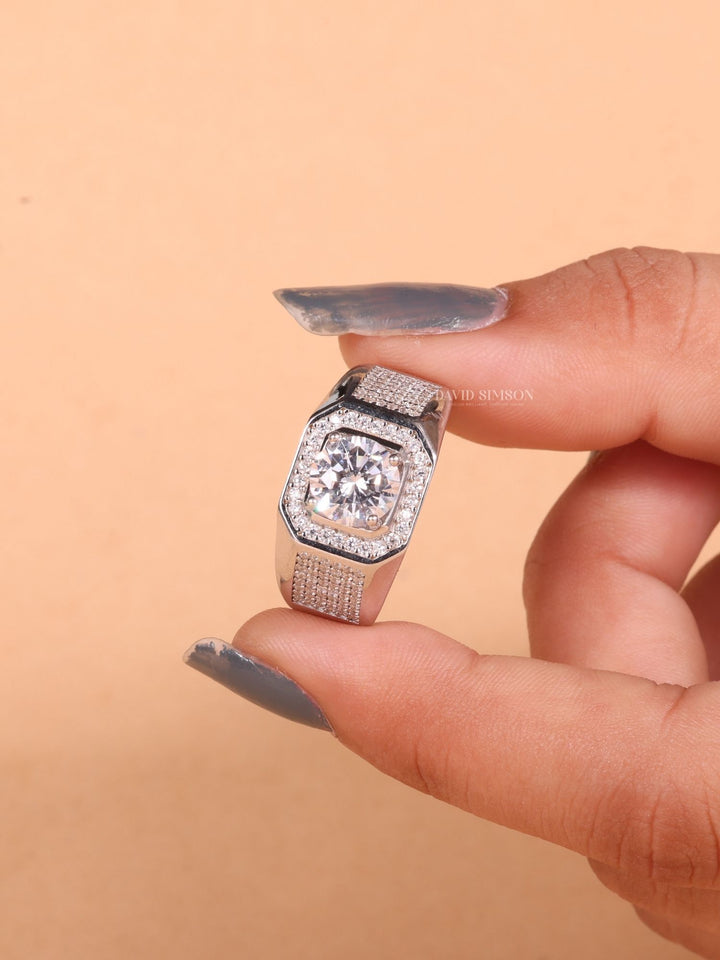 Round Cut Moissanite Diamond Halo Men's Wedding Ring