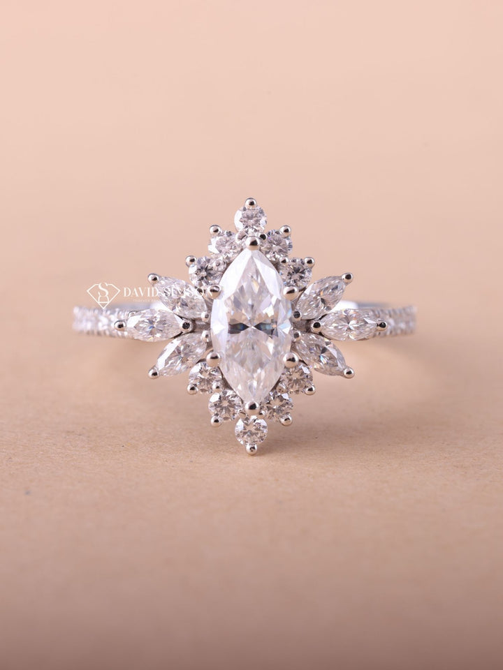 1.0CT-2.0CT Marquise Cut Moissanite Halo Cluster Engagement Ring