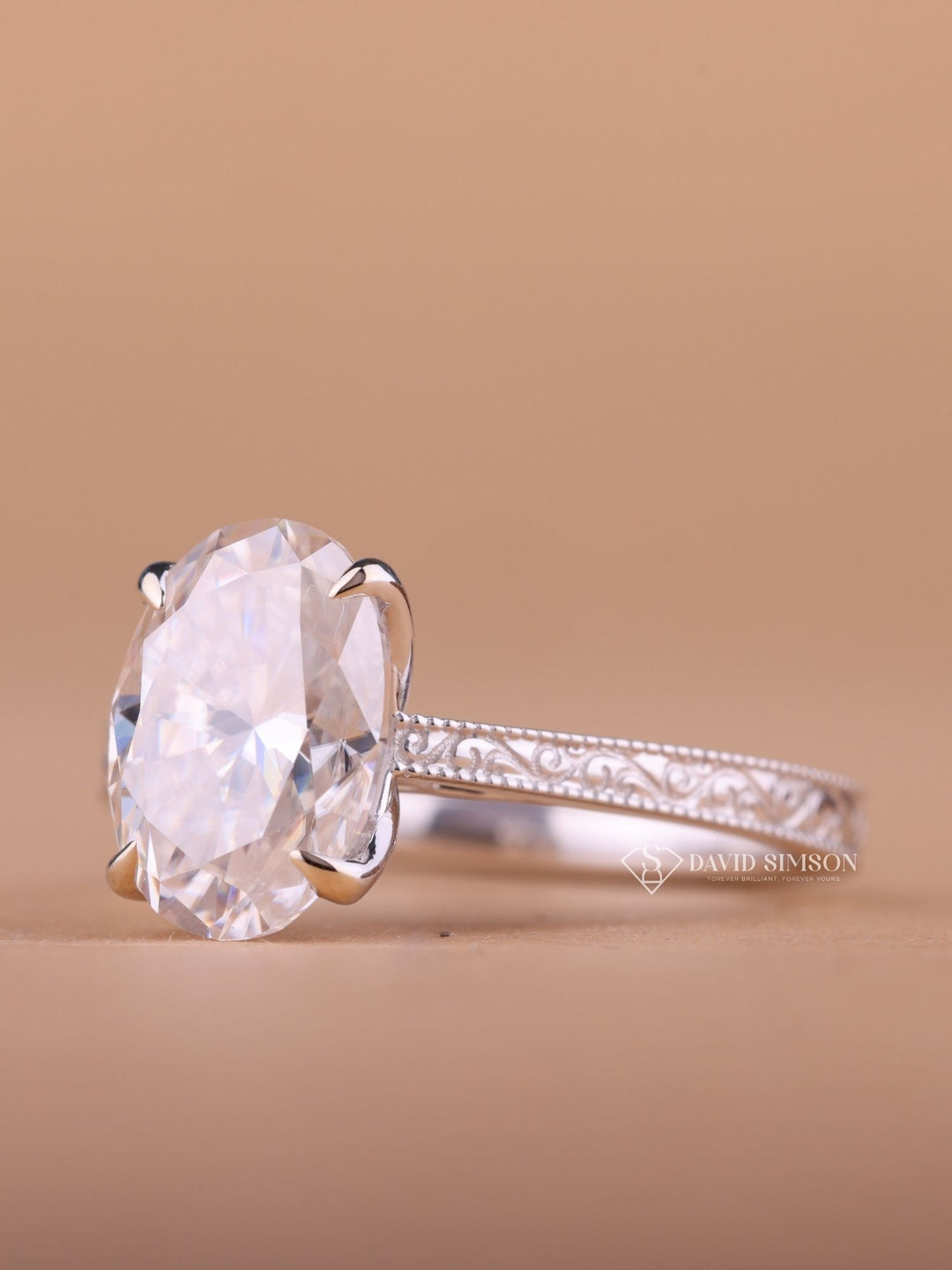 2.0CT-3.0CT Oval Cut Moissanite Vintage Milgrain Pave Diamond Engagement Ring