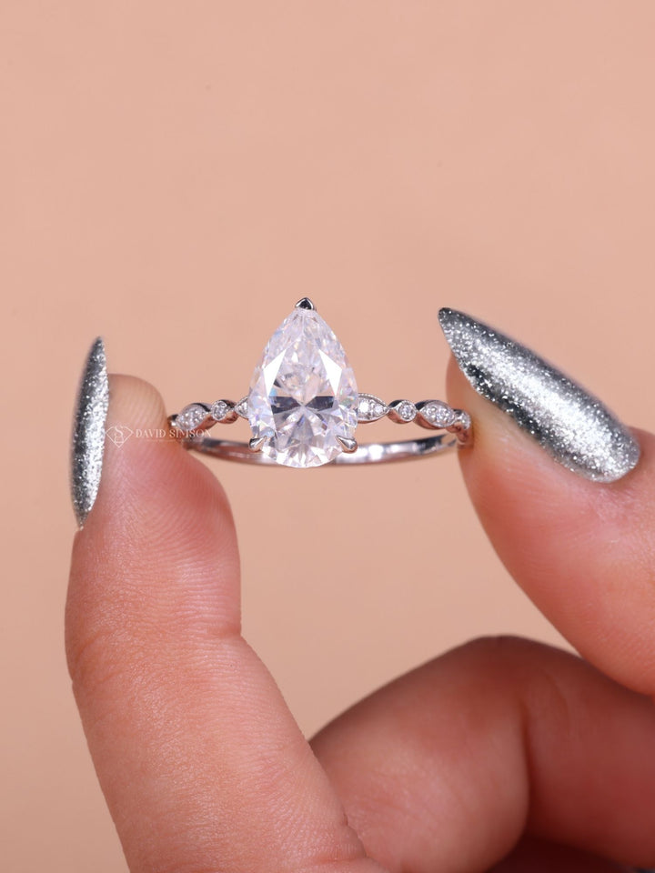 2.0CT-3.0CT Pear Cut Moissanite Vintage Pave Diamond Engagement Ring