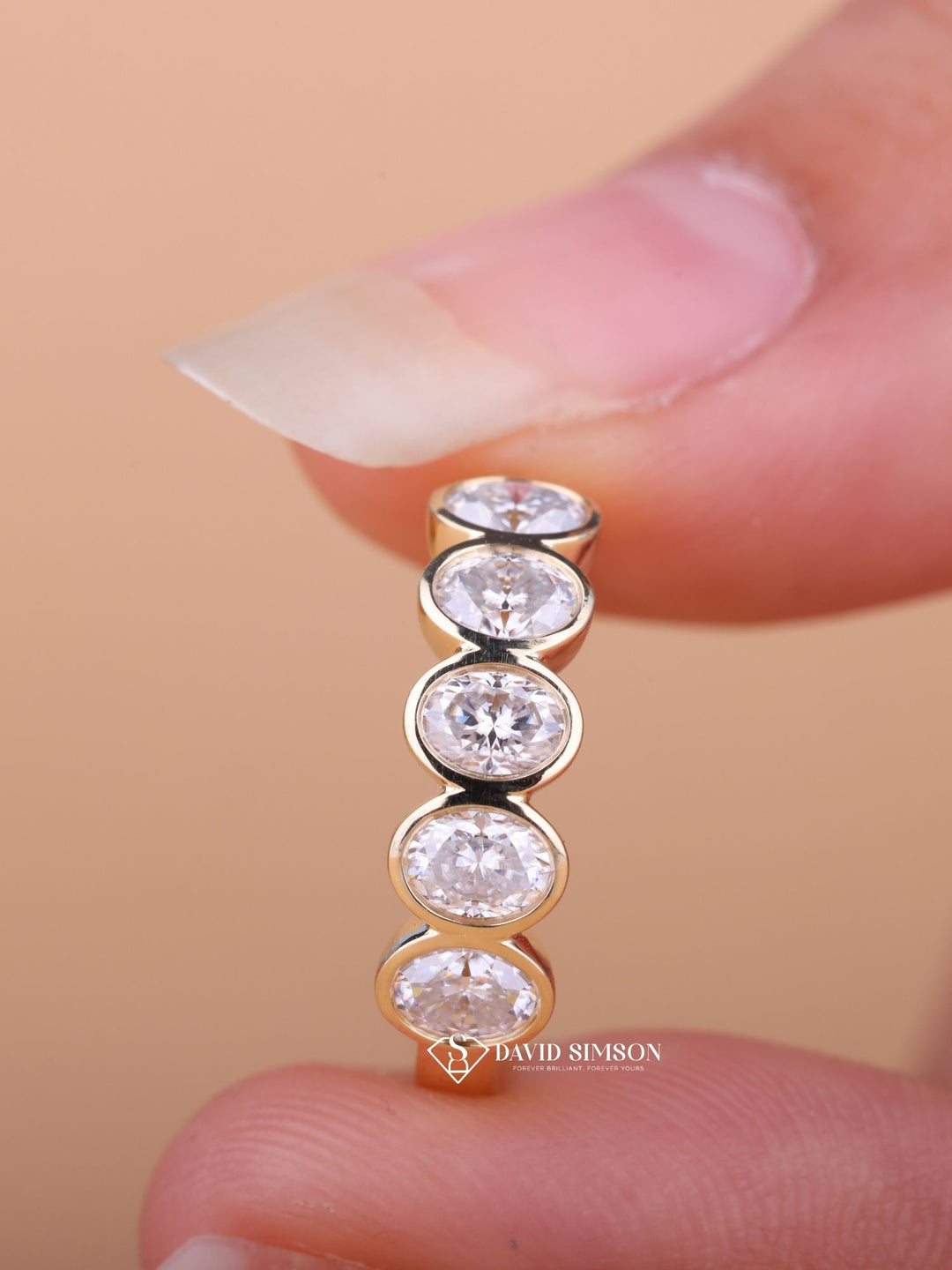 Oval Cut Moissanite Bezel Set Five Stone Diamond Wedding Band