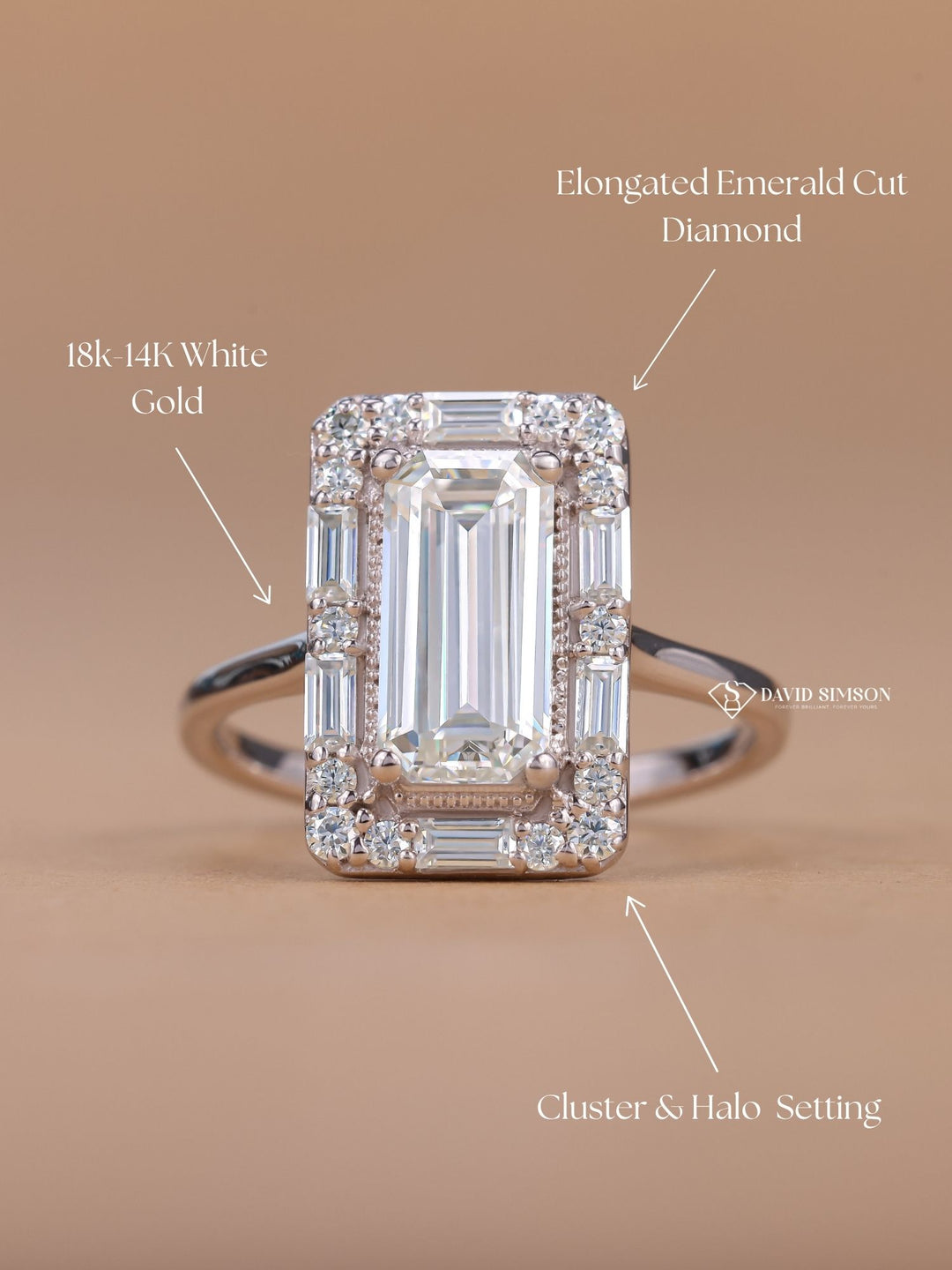 1.60CT Elongated Emerald Cut Moissanite Halo Cluster Diamond Engagement Ring